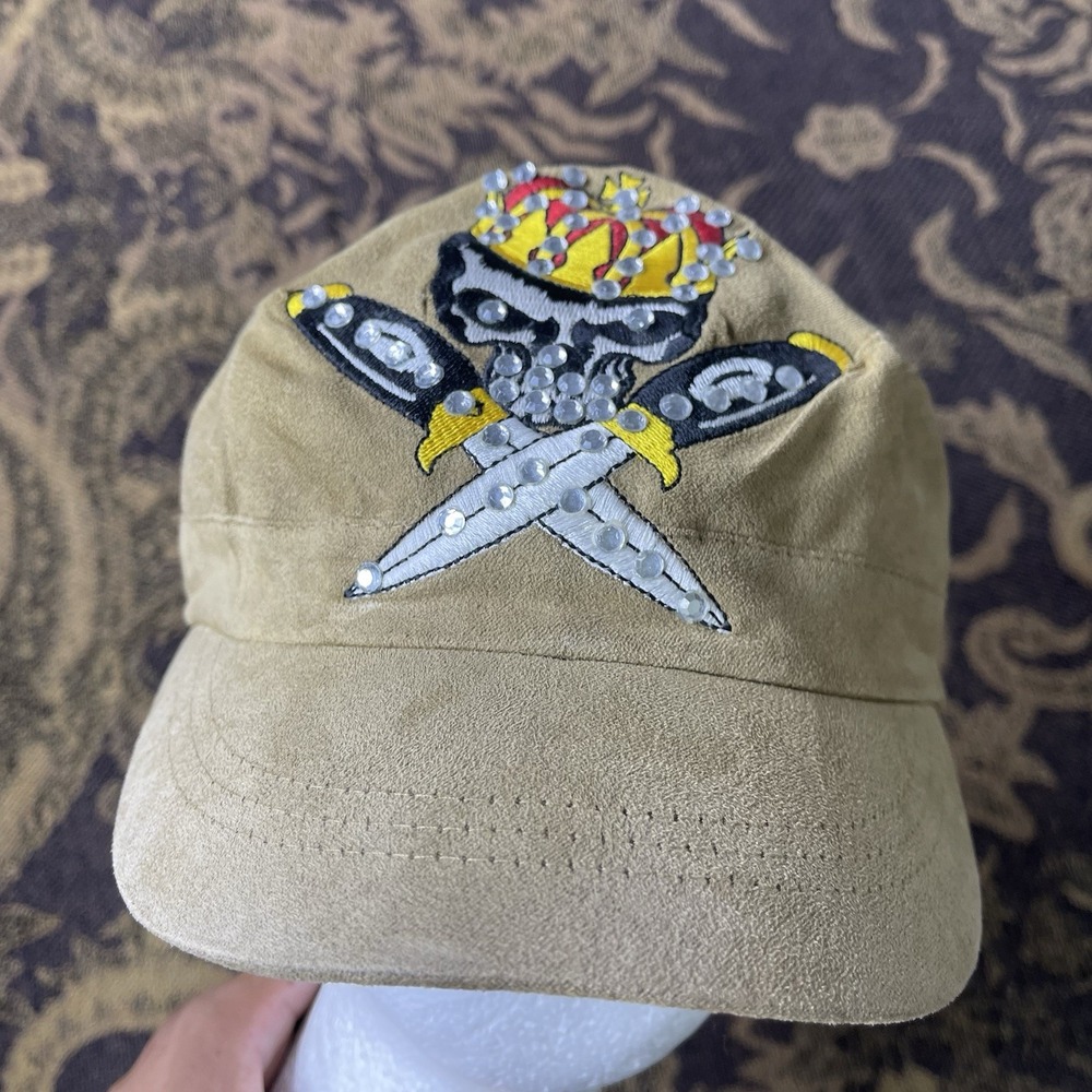 Vtg Suede Skull King Knives Punk Goth Bedazzled Style Brown Adult Army Cap